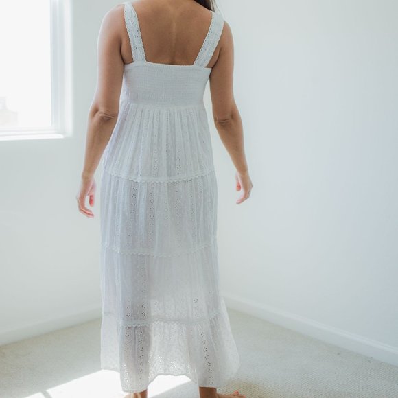 MAGIC WHITE 100% COTTON CROCHET & EYELET FLOWY SLEEVELESS V-NECK MAXI DRESS M - Picture 6 of 9